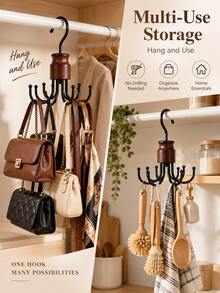 Vintage Style Wooden & Iron Rotating Storage Hook Rack, 8 Curved Round Head Hooks, 360° Rotating Design, Space-Saving Vertical Hanging Organizer, Suitable For Handbags, Scarves, Belts, Hats, Ideal For Daily Home Storage, Bedroom And Closet Use, All Seasons - Multicolor - View 8