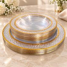 50/25/20/10pcs Dragon Scale Pattern Gold Rim Plates Set, 7.5 Inch/10.25 Inch Reusable Plates, Food Trays, Fruit And Snack Platters, Dessert And Salad Plates, Cheese And Candy Trays, Multi-Purpose Tableware For Party, Wedding, Birthday, Picnic, Holiday Events, Easy To Clean, Suitable For Home And Event Elegant Table Setting - View 12