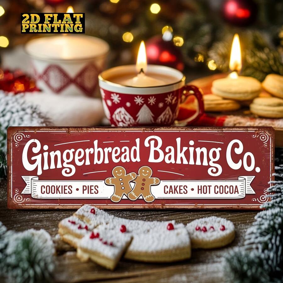 2D Flat Print, 1pc Gingerbread Baking Company Metal Sign - Vintage Rustic Farmhouse Wall Decor With Holiday Design, Perfect For Christmas, Halloween, Thanksgiving Home Decoration - B - View 1