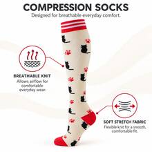 5 Pairs Polyester Compression Socks With Cartoon Cat Pattern, Novelty Animal Design Knee-High Compression Socks For Women, 2025 Original New Nurse's Day Gift, Elastic Leg Warmers - Multicolor - View 4
