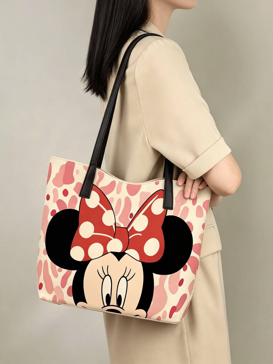 Disney Cute Cartoon Mickey, Minnie, Daisy Duck Tote Bag Handbag With Pink Heart Pattern, Large Capacity Shoulder Bag, Women's Fashion Handbag For Work, School, Commute, Travel, Shopping, Daily Use - Multicolor - View 1