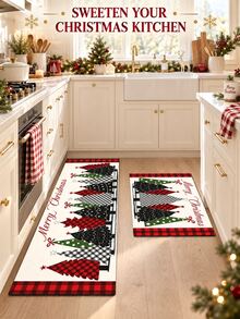 1/2pcs Christmas Kitchen Decor Rug, Christmas Tree Pattern, Winter Kitchen Rug And Mat, Non-Slip Washable Absorbent Kitchen Accessories Decor Mat, Christmas Holiday Gift! - Multicolor - View 4