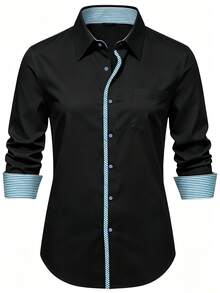 Men's Minimalist Commuter Color Block Striped Print Front Button Long Sleeve Shirt - Black - View 4