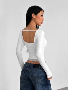 VENORA Women's White U-Neck Long Sleeve T-Shirt With Contrast Lace Trim And Backless Detail,Short Length For Fall,Daily Casual,Sexy,Y2k,Halloween - White - View 4
