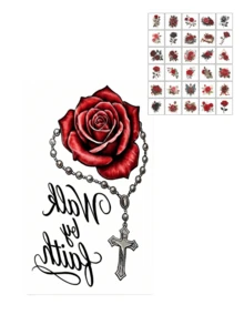 3pcs Red Rose & Black Chain Bead Temporary Tattoo Stickers, Waterproof & Long-Lasting, Suitable For Feet, Legs, Arms, Back And Full Body, Perfect For Parties, Travel And Daily Wear - Multicolor - View 7
