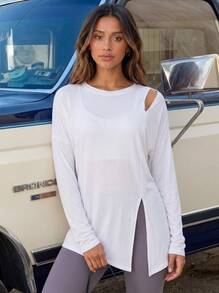Never me Women's Outdoor Hollow Out Cold Shoulder Long Sleeve Breathable Quick-Dry Side Slit Loose Fit Sports Cover-Up - White - View 2