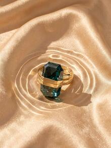 SWAROVSKI Emerald Cut Crystal Stackable Ring, Double Band Geometric Large Green Crystal Statement Ring, Luxury Cocktail Ring Birthday Gift For Women - Green - View 5