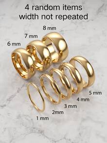 4pcs Random Non-Repeating Width Plain Band Rings, 14K Gold Plated 304 Stainless Steel, 1-8mm Multi-Size Random Width, Unisex Stackable Basic Ring Set - 4pcs - View 10