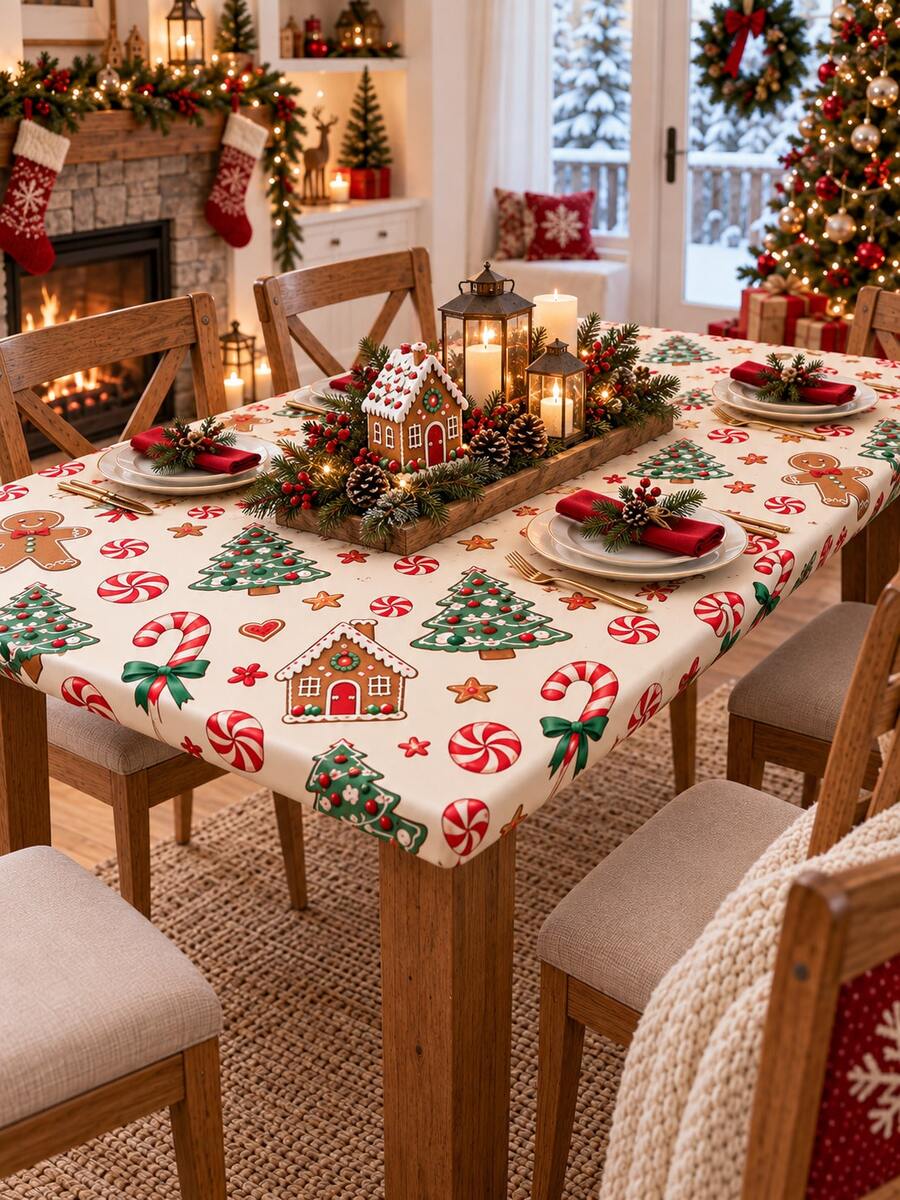 1pc Christmas Rectangular Tablecloth, Gingerbread House Candy Cane Tree Cookie Print Dining Table Cover For Kitchen Dining Room Party, Festive Holiday Table Decor, Home Decor, Room Decor, Christmas Decorations For Home - Multicolor - View 1