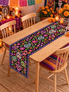 1pc Colorful Day Of The Dead Skull Table Runner, Rustic Boho Linen Rectangular Table Scarf With Calavera Faces, Marigold Blooms, Botanical Motifs & Decorative Edge, Reusable Dining Decor For Ofrenda, Halloween Party, Kitchen & Fall - Multicolor - View 9