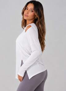 Never me Women's Outdoor Hollow Out Cold Shoulder Long Sleeve Breathable Quick-Dry Side Slit Loose Fit Sports Cover-Up - White - View 6