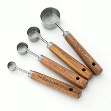 Stainless Steel Measuring Cup And Spoon Set, Baking Cake Measuring Spoons, Graduated Measuring Tools, Wooden Handle Coffee Spoon, Hand Drip Coffee Bean Weighing Tool, Precise Powder Measuring Kitchen Baking Tool, Suitable For Cooking And Baking Kitchen Supplies, Applicable To Dry And Liquid Ingredients - Silver - View 7