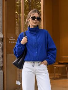 GDDYIN Women's New Autumn Klein Blue Fashion Casual Stand Collar Jacket, Drawstring Hem, Versatile Outerwear - Blue - View 1