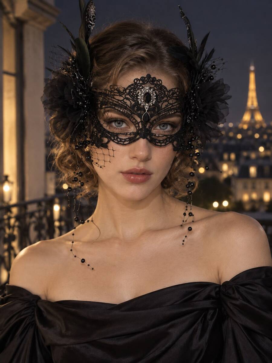 Gothic Black Lace Feather Masquerade Mask Black Gem Beaded Tassel Halloween Cosplay Dark Bridal Wedding Carnival Party - Black - View 1