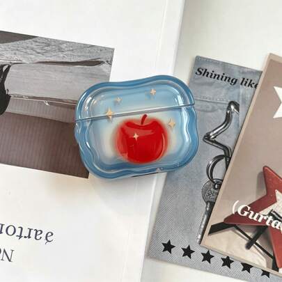 Dreamy Gradient Blue & Red Apple Star Earphone Protective Case, Transparent Gradient Blue Background With Vibrant Red Apple Center And Golden Four-Pointed Stars, Hand-Painted Soft Healing Texture, Wavy Edge Design, Soft Clear Material, Precise Charging Port Cutout, Smooth Opening And Closing, Easy Installation And Removal, High-Definition Printing