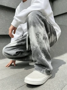 American Street Style Ink Wash Tie-Dye Print Casual Pants, Couple Style Gray Tone Gradient Cloud Pattern Drawstring High Waist Loose Draped Straight Leg Floor-Length Sweatpants - White - View 3