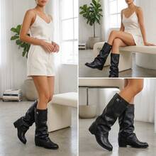 1 Pair Solid Color Commuter Western Style Casual Microfiber Leather Ruched Buckle Women's Leg Boots For Party, Office, Holiday, Vacation, All Seasons - Black - View 3