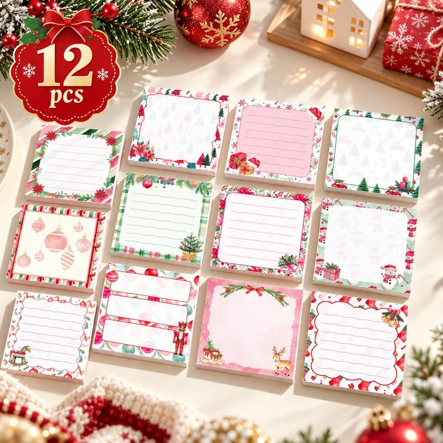 12 buah Stiker Persegi Kartun Natal Merah, Hijau, dan Merah Muda, Pola Manusia Salju dan Bola Natal, Cocok untuk Memo, Perencana, Dekorasi DIY, Pembelajaran, Kantor, Buku Harian, dan Acara Lainnya, Juga Sebagai Hadiah Natal - 12 buah 1 set - View 1