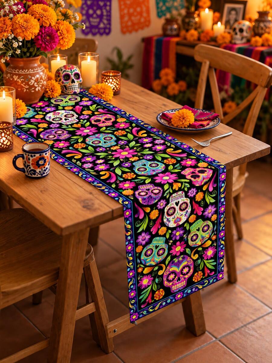 1pc Colorful Day Of The Dead Skull Table Runner, Rustic Boho Linen Rectangular Table Scarf With Calavera Faces, Marigold Blooms, Botanical Motifs & Decorative Edge, Reusable Dining Decor For Ofrenda, Halloween Party, Kitchen & Fall - Multicolor - View 1
