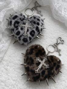Gothic Spiked Heart Plush Keychain Vintage Cross Bag Charm Y2K Punk Bag Pendant Fashion Accessory Gift For Women Girls - Multicolor - View 1