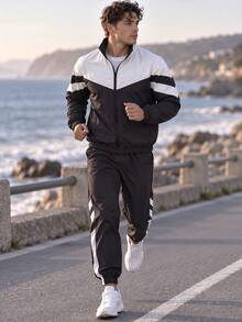 1 Set Men's Colorblock Woven Sports Outfit, Stand Collar Zip-Up Jacket, Jogging Pants, Casual Streetwear - Black - View 3