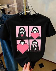 Camiseta estampada para mujer con Temática de Halloween cuatro cuadros de máscara terrorífica, elementos de corazón rosa, diseño de líneas gruesas, estilo dibujo a mano - Negro - Ver 8