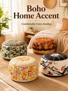 1pc Vintage Floral Storage Ottoman Footstool, Round Leather Decorative Footstool, Soft Padded Top, Decorative Extra Seating For Living Room, Bedroom, Dressing Room, Entryway And Small Spaces - View 8