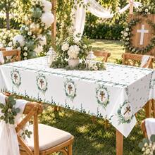 1pc/2pcs 54"X108" God Bless Tablecloth, Eucalyptus Leaf Cross Religious Tablecloth, Sage Green Plastic Tablecloth, Suitable For Shower, Communion Decor - Multicolor - View 3