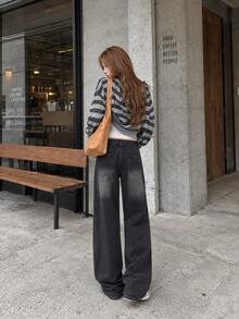 YEAE | Celana Jeans Vintage Hitam & Abu-abu Pinggang Tinggi Kaki Lebar Potongan Longgar Lurus Kasual Musim Semi Musim Gugur - Hitam - View 7