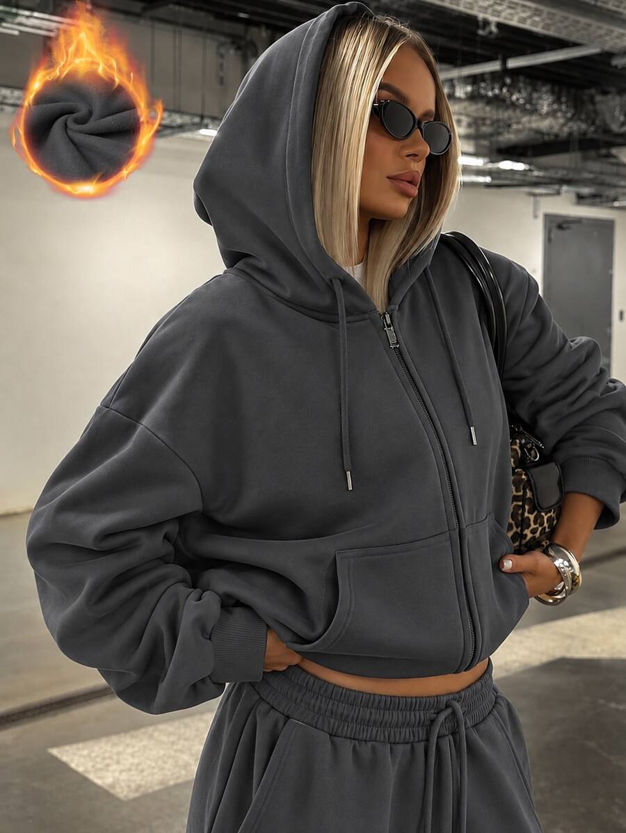 Women's Autumn/Winter New Loose Minimalist Solid Dark Gray Casual Fashion Versatile Hooded Sweatshirt Jacket - Dark Grey - View 1