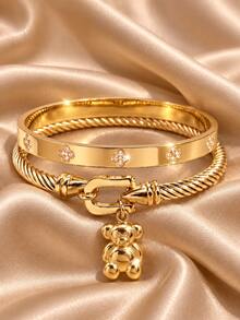 Camhanno 1pc Gold Stainless Steel Bear Pendant Twisted Open Bangle Bracelet With CZ Flower Inlay, Women's Daily Jewelry - Gold - View 6