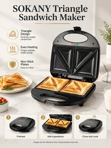 SOKANY Pembuat Roti Lapis Segitiga, Piring Panggangan Anti Lengket 2 Iris, Alat Pembuat Panini Sarapan Elektrik untuk Dapur Rumah - Hitam - View 1