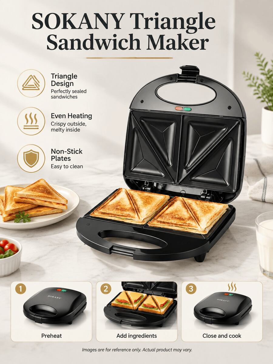 SOKANY Pembuat Roti Lapis Segitiga, Piring Panggangan Anti Lengket 2 Iris, Alat Pembuat Panini Sarapan Elektrik untuk Dapur Rumah - Hitam - View 1