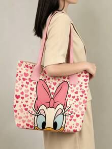 Disney Cute Cartoon Mickey, Minnie, Daisy Duck Tote Bag Handbag With Pink Heart Pattern, Large Capacity Shoulder Bag, Women's Fashion Handbag For Work, School, Commute, Travel, Shopping, Daily Use - Multicolor - View 2
