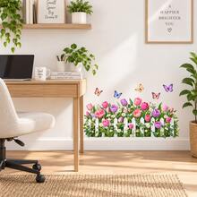 Garden Fence Flower Wall Decals, Colorful Tulip Rose Daisy Floral Wall Stickers With Butterfly, Removable Spring Garden Baseboard Wall Art Decor For Living Room Bedroom Entryway Home Decoration - ZL3601A - View 6