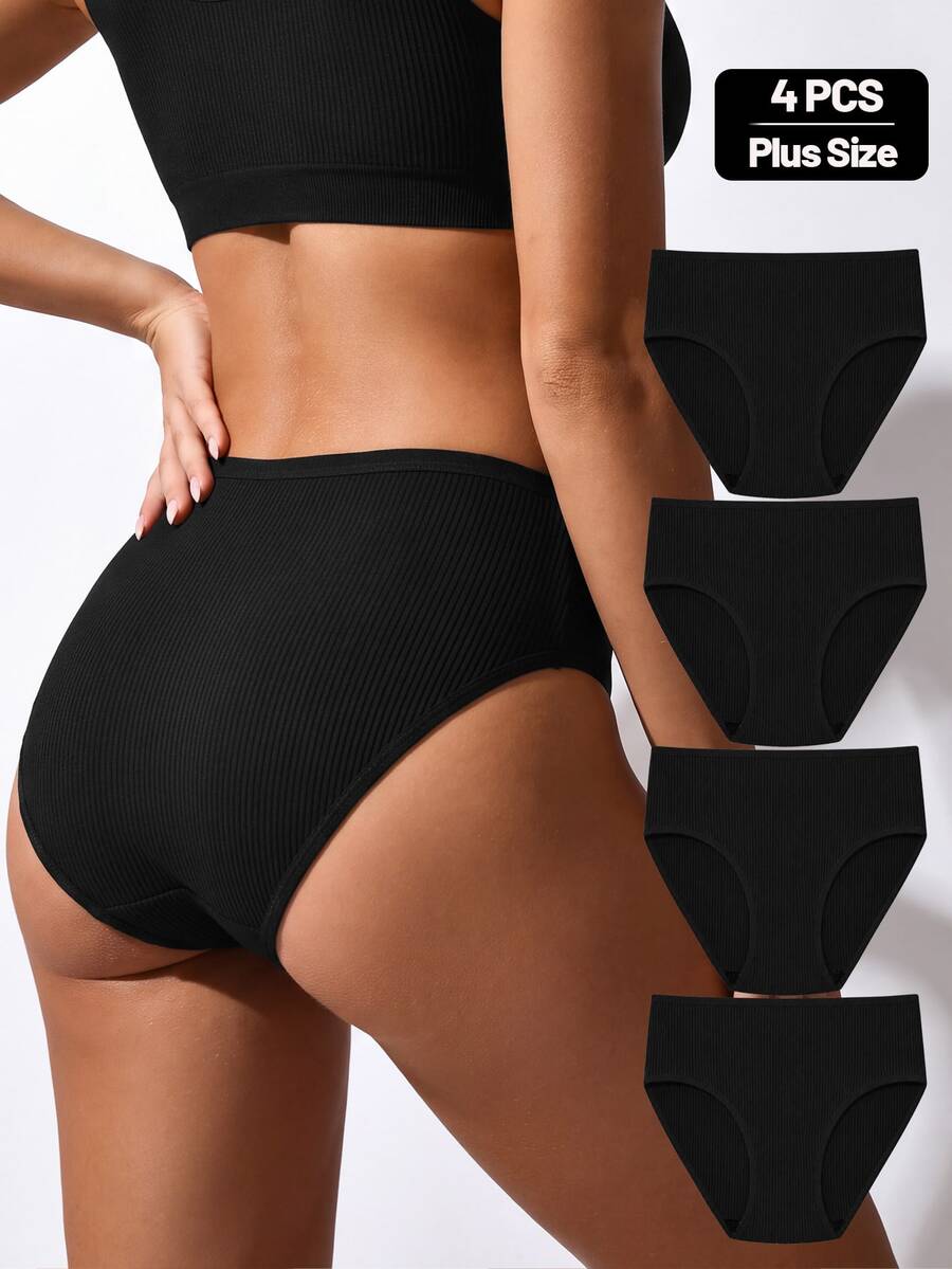 Teowryxou 4pcs Plus Size Women Black Ribbed Cotton Blend Mid Rise Triangle Panties, Soft Stretch Breathable Solid Briefs, Daily Underwear Pack - Black - View 1