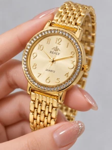 1pc Women's Fashion Shiny Gold Rhinestone Trim Quartz Watch, Elegant Round Arabic Numeral Dial Metal Chain Strap Wristwatch, Suitable For Daily Wear - Gold - View 2
