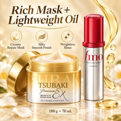 Tsubaki+Fino 2PCS Hair Care Bundle, Hair Mask And Hair Oil Set,Lasting Radiance,Reduces Frizz,Enhances Gloss Shine,Tame Frizz Flyaways, Restore Sheen Softness, For All Hair Types, Hair Care Travel Essential, Holiday Essentials, Cruise Vacation Autumn