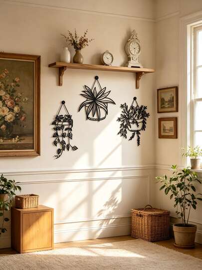 3pcs Metal Iron Art Green Plant Wall Hanging Decor Set, Nordic Vintage Vine Leaf Design, 3 Sizes Available (20cm, 30cm, 40cm), Black Wall Hanging Floral Art, Living Room Bedroom Entryway Atmosphere Home Decor