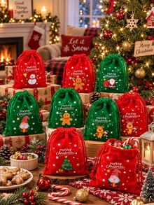 12/6/1pc Christmas Gift Bags, Christmas Gift Pouches, Christmas Drawstring Bags With Santa Claus, Reindeer, Christmas Tree Pattern Prints, Suitable For Christmas Tree Decoration Gift Bags, Red And Green Christmas Gift Bags, Flannel Drawstring Small Bags, Christmas Surprise Gift Box Bags, Suitable For Christmas Decoration, Christmas Party Small Gifts, Christmas Style Pattern, Snowman Gift Bags, Birthday Gift Bags - Multicolor - View 2