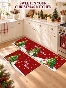 1/2pcs Christmas Kitchen Decor Rugs, Christmas Tree & Snowman Pattern, Winter Kitchen Rugs And Mats, Non-Slip Washable Absorbent Kitchen Accessories Decor Mats, Christmas Holiday Gift! - Multicolor - View 3
