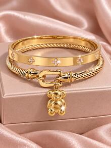 Camhanno 1pc Gold Stainless Steel Bear Pendant Twisted Open Bangle Bracelet With CZ Flower Inlay, Women's Daily Jewelry - Gold - View 4
