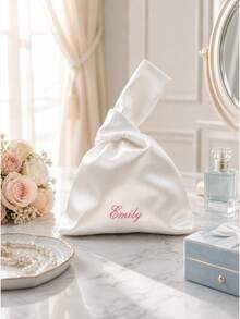 Personalized Printed Satin Knot Bag, White Satin Bridal Clutch, Customized Letter Pattern Bridesmaid Gift, Wedding Evening Party Handbag, Bridal Handbag - Multicolor - View 3