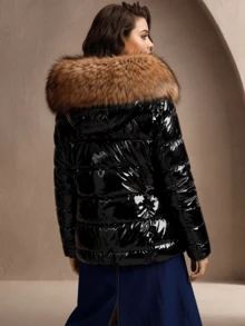Women's Plus Size Winter Hooded Faux Fur Collar Detachable Zipper Pocket Quilted Padded Coat (Faux Fur) - Black - View 7