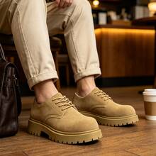 Solid Color Western Style Derby Big Toe Shoes, Retro Thick Sole Work Boots, Suede Low-Top Lace-Up Durable Boots, Casual Leather Shoes - Camel - View 4