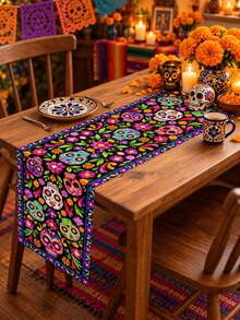 1pc Colorful Day Of The Dead Skull Table Runner, Rustic Boho Linen Rectangular Table Scarf With Calavera Faces, Marigold Blooms, Botanical Motifs & Decorative Edge, Reusable Dining Decor For Ofrenda, Halloween Party, Kitchen & Fall - Multicolor - View 10
