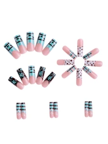 Fall Nails Y2k Nails Long-Style French-Inspired Floral Check Pattern Press On Nalls - Multicolor - View 3