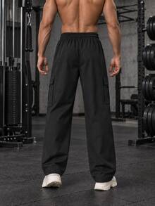 Men's Sports Cargo Pants, Loose Fit Wide Leg Drawstring Pants With Zipper Pockets, For Fitness And Outdoor - Black - View 4