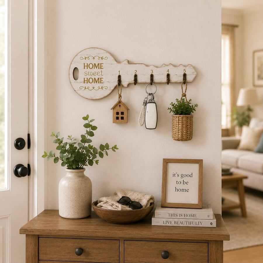 1pc 5-Hook Rustic Wooden Key Holder, HOME SWEET HOME Wall-Mounted Key Hook Storage Rack, Suitable For Entryway, Kitchen, Office, Farmhouse Style Home Wall Decor Gift, Apartment Decoration, Home Organization And Storage - White - View 1