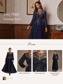 EVERPRETTY 秋季奢華優雅重工珠飾刺繡長袖正式晚禮服,適合晚宴、正式場合與週年紀念 - 藏蓝色 - 查看 11